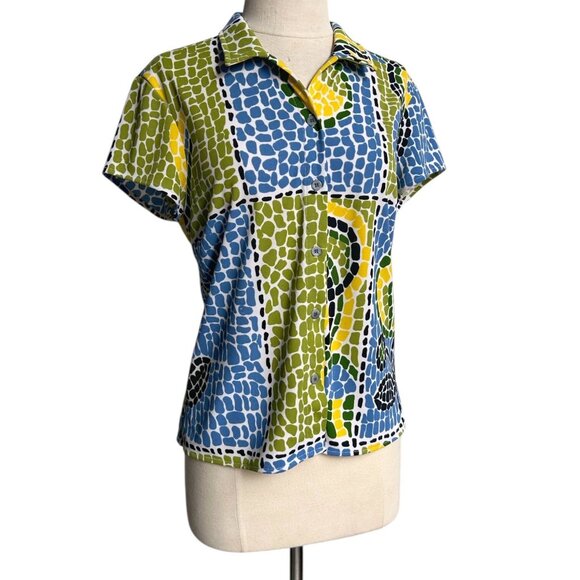 90s Y2K Vintage BCBG Lemon Mosaic Top Novelty Print Short Cap Sleeve Buttonup. - Picture 3 of 7